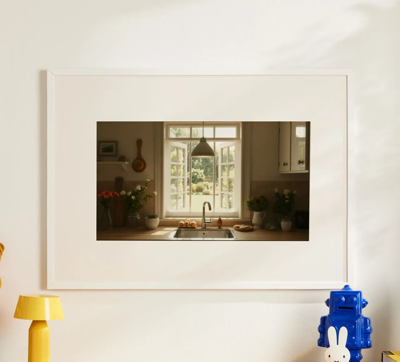 Cucina luminosa con finestre aperte su un giardino illuminato dal sole carta hahnemühle da DesignDoodle