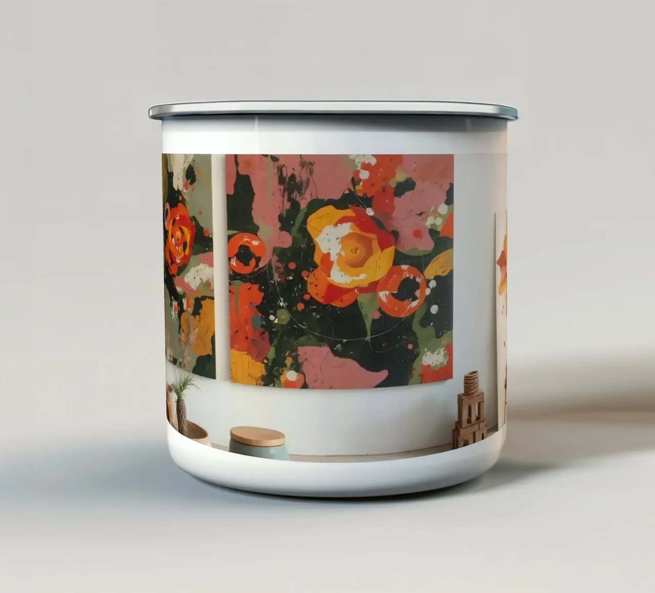 Heldere en kleurrijke kunststudio met bloemenschilderijen en cre emaille mok van DesignDoodle