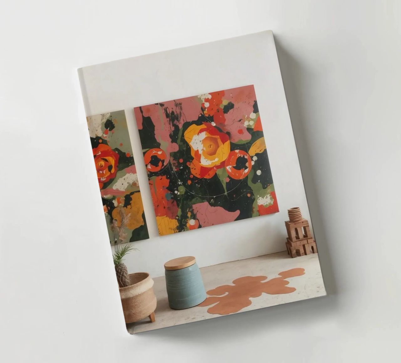 Bright and colorful art studio with floral paintings and cre notebook by DesignDoodle