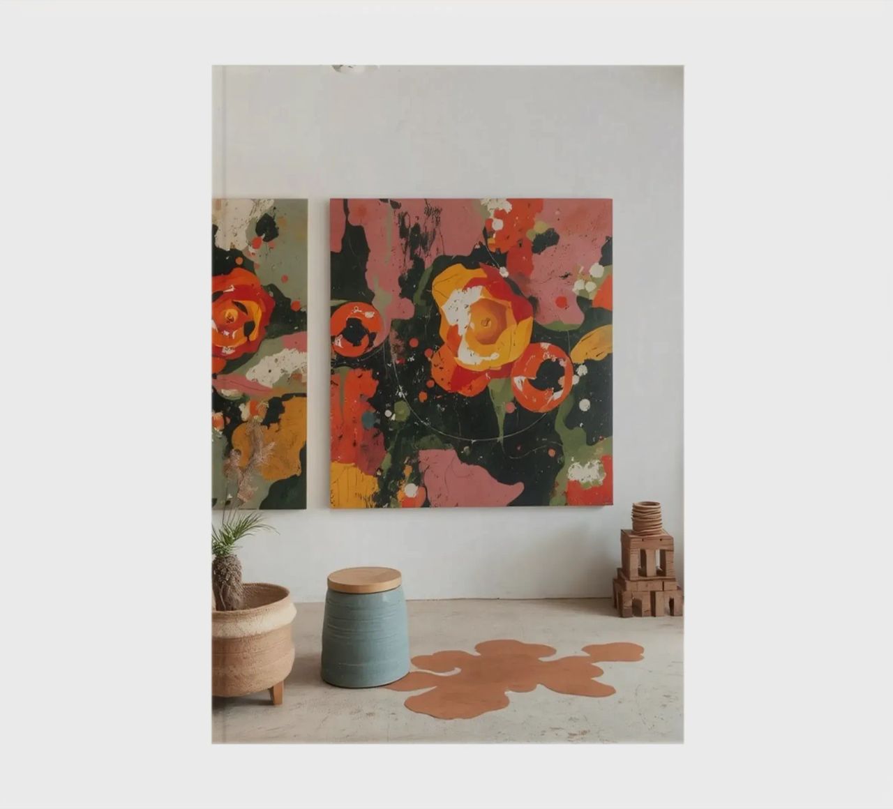 Bright and colorful art studio with floral paintings and cre notebook by DesignDoodle
