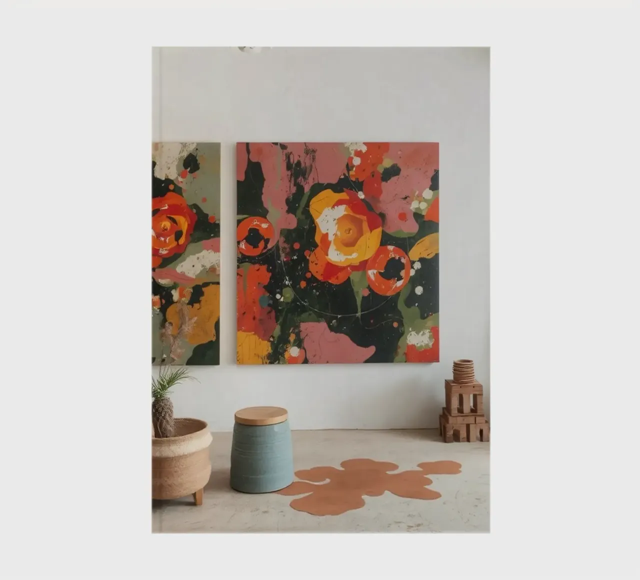 Atelier d'arte luminoso e colorato con dipinti floreali e cre diario da DesignDoodle