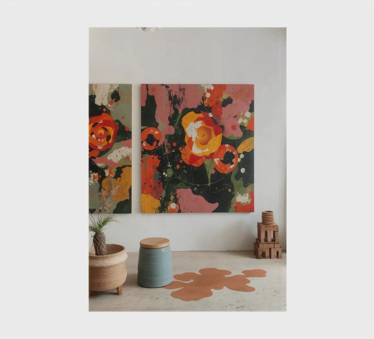 Bright and colorful art studio with floral paintings and cre notebook by DesignDoodle