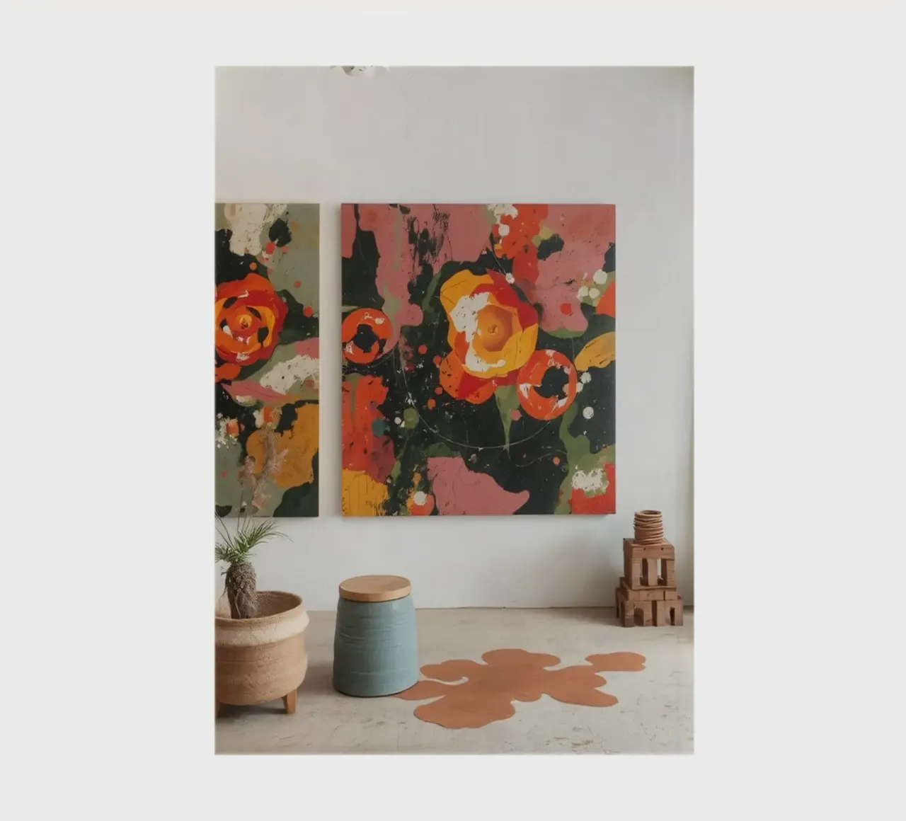 Atelier d'arte luminoso e colorato con dipinti floreali e cre diario da DesignDoodle