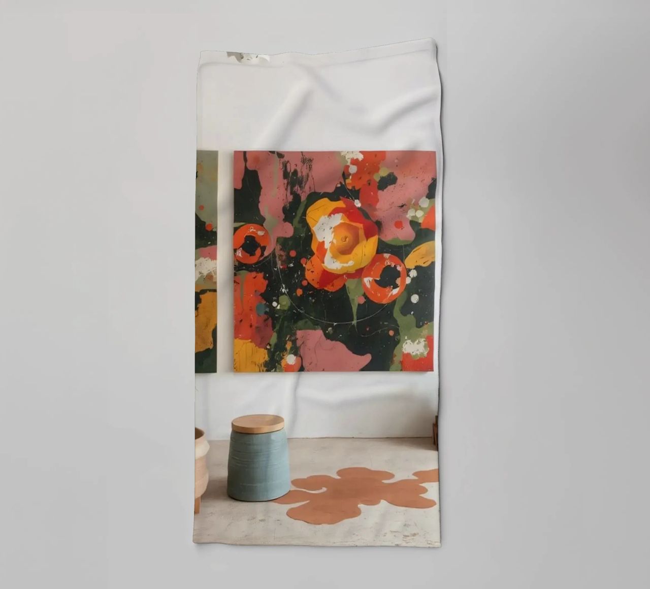 Bright and colorful art studio with floral paintings and cre towel by DesignDoodle