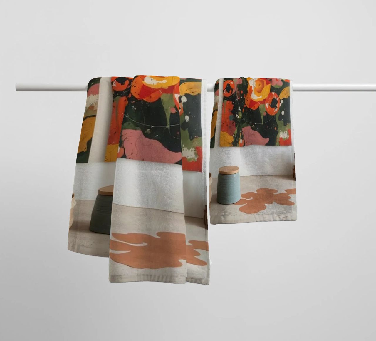 Bright and colorful art studio with floral paintings and cre towel by DesignDoodle
