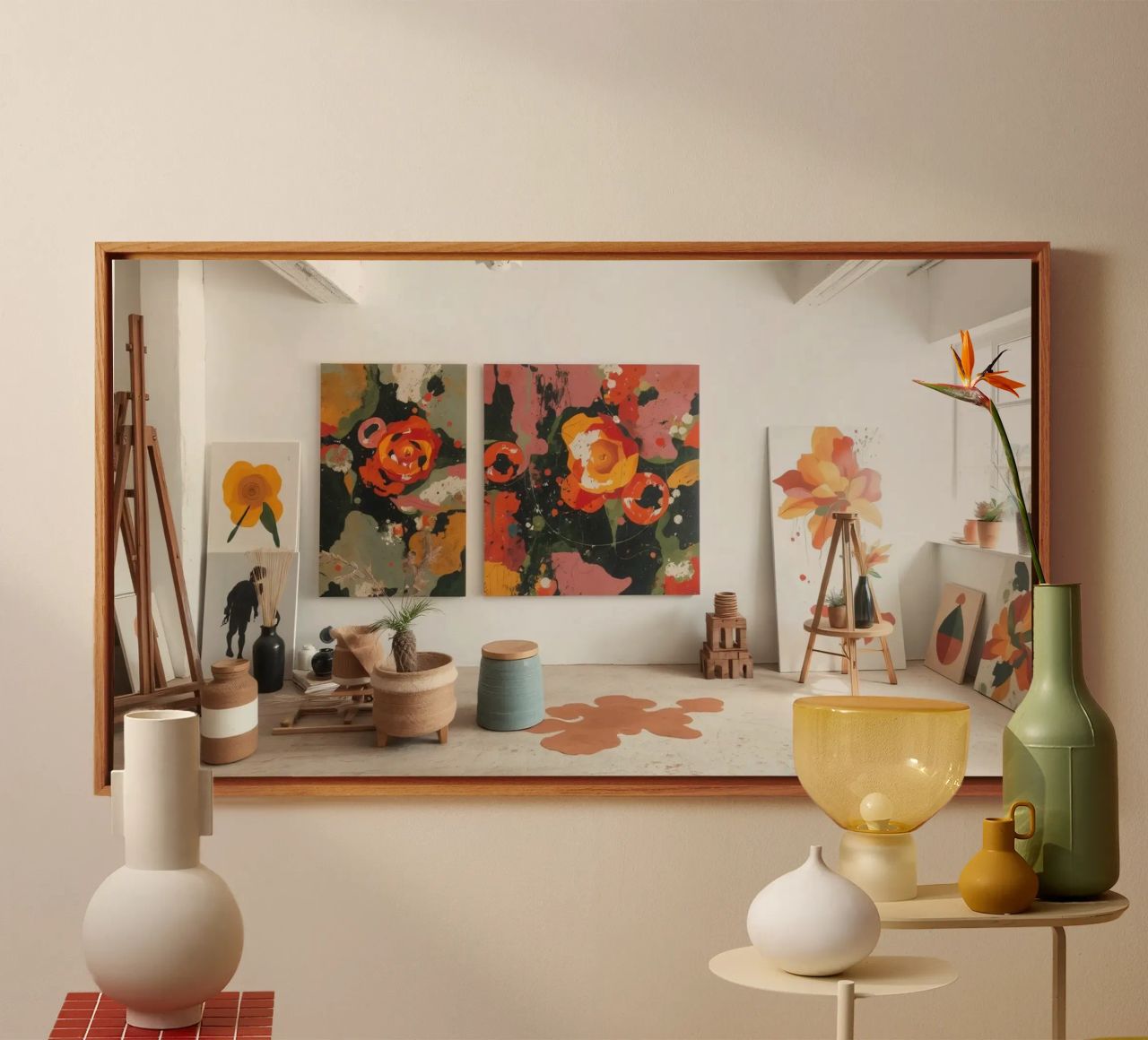 Helles und farbenfrohes Kunstatelier mit Blumengemälden und Cre Leinwand von DesignDoodle