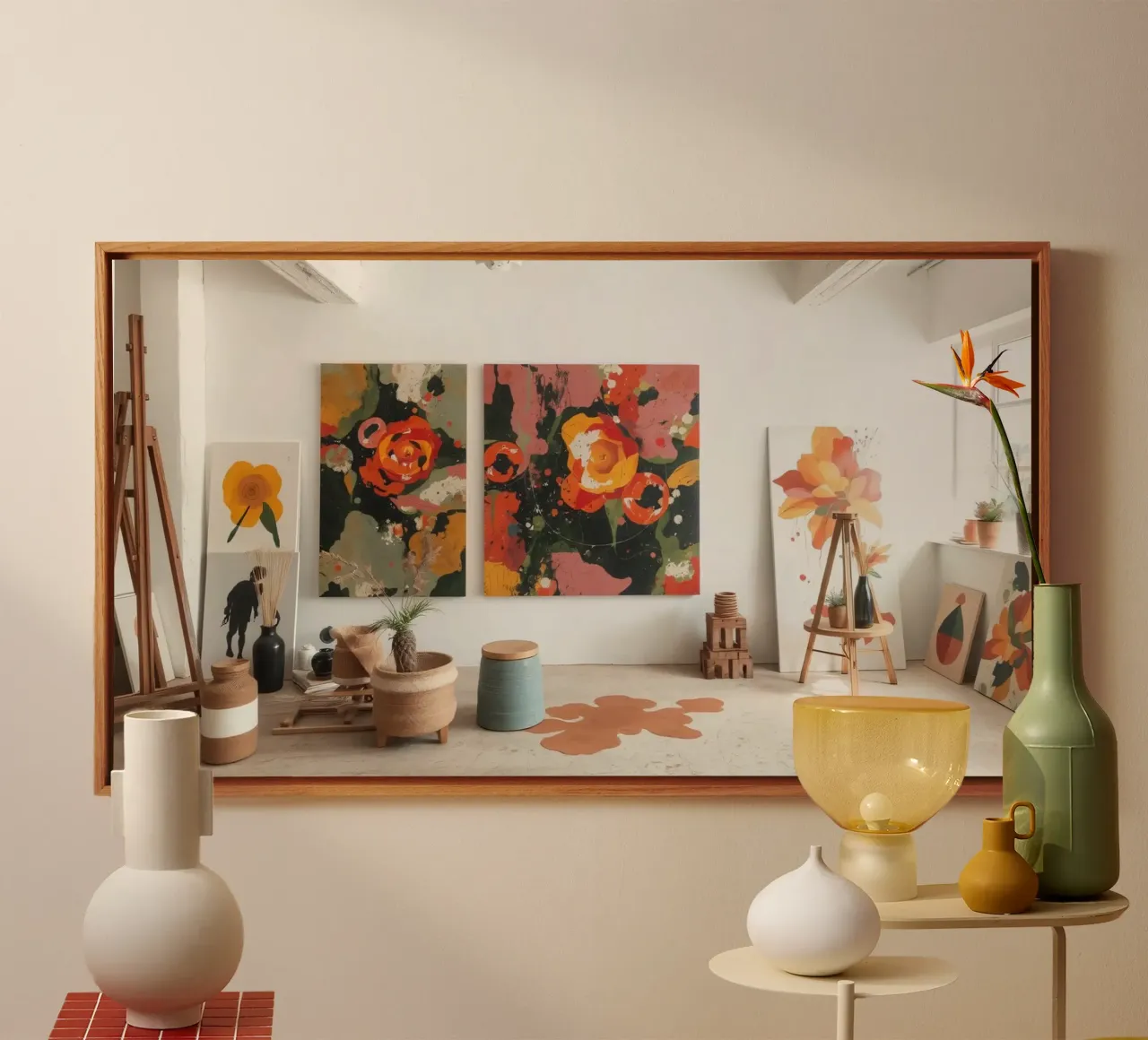 Bright and colorful art studio with floral paintings and cre canvas with Floater frame by DesignDoodle