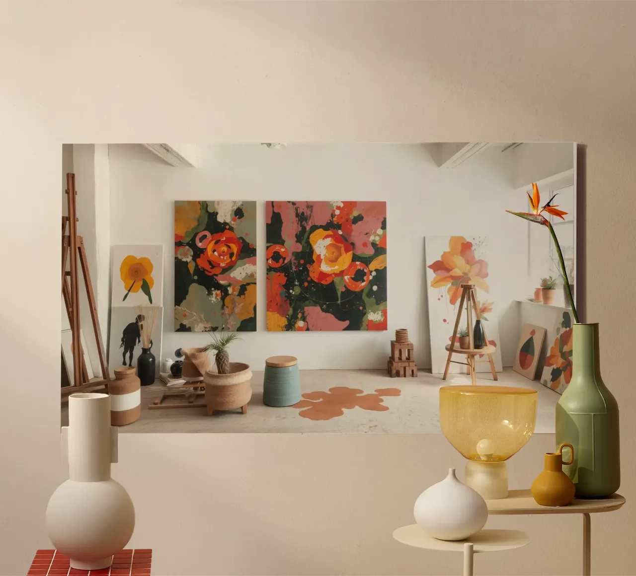 Bright and colorful art studio with floral paintings and cre canvas with Floater frame by DesignDoodle