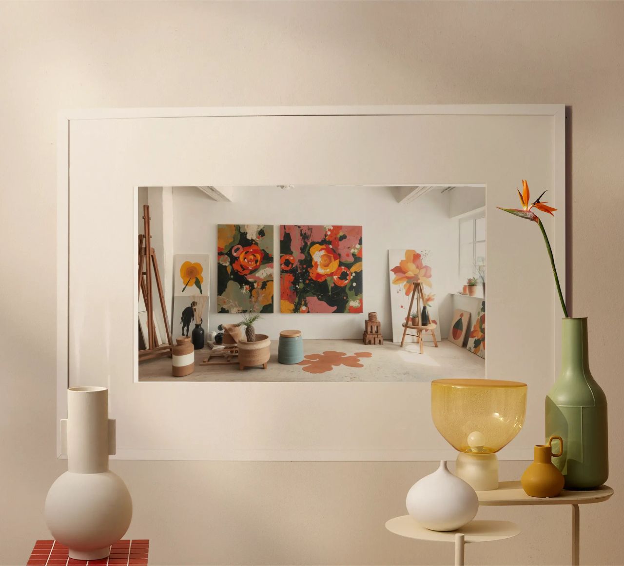 Helles und farbenfrohes Kunstatelier mit Blumengemälden und Cre Poster von DesignDoodle