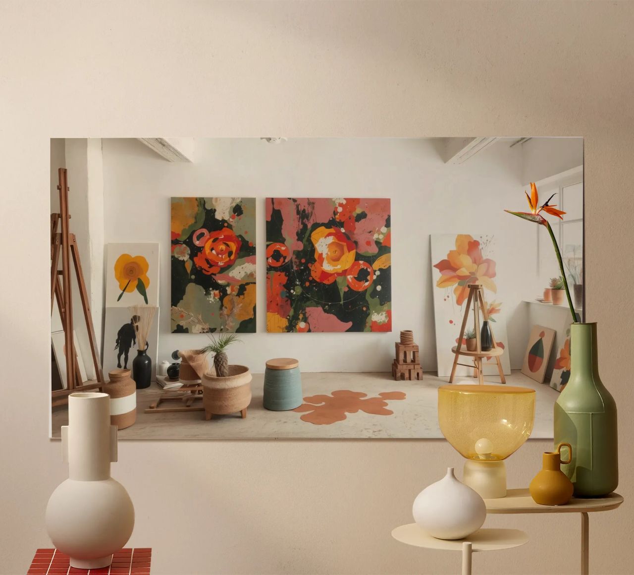 Helles und farbenfrohes Kunstatelier mit Blumengemälden und Cre Poster von DesignDoodle