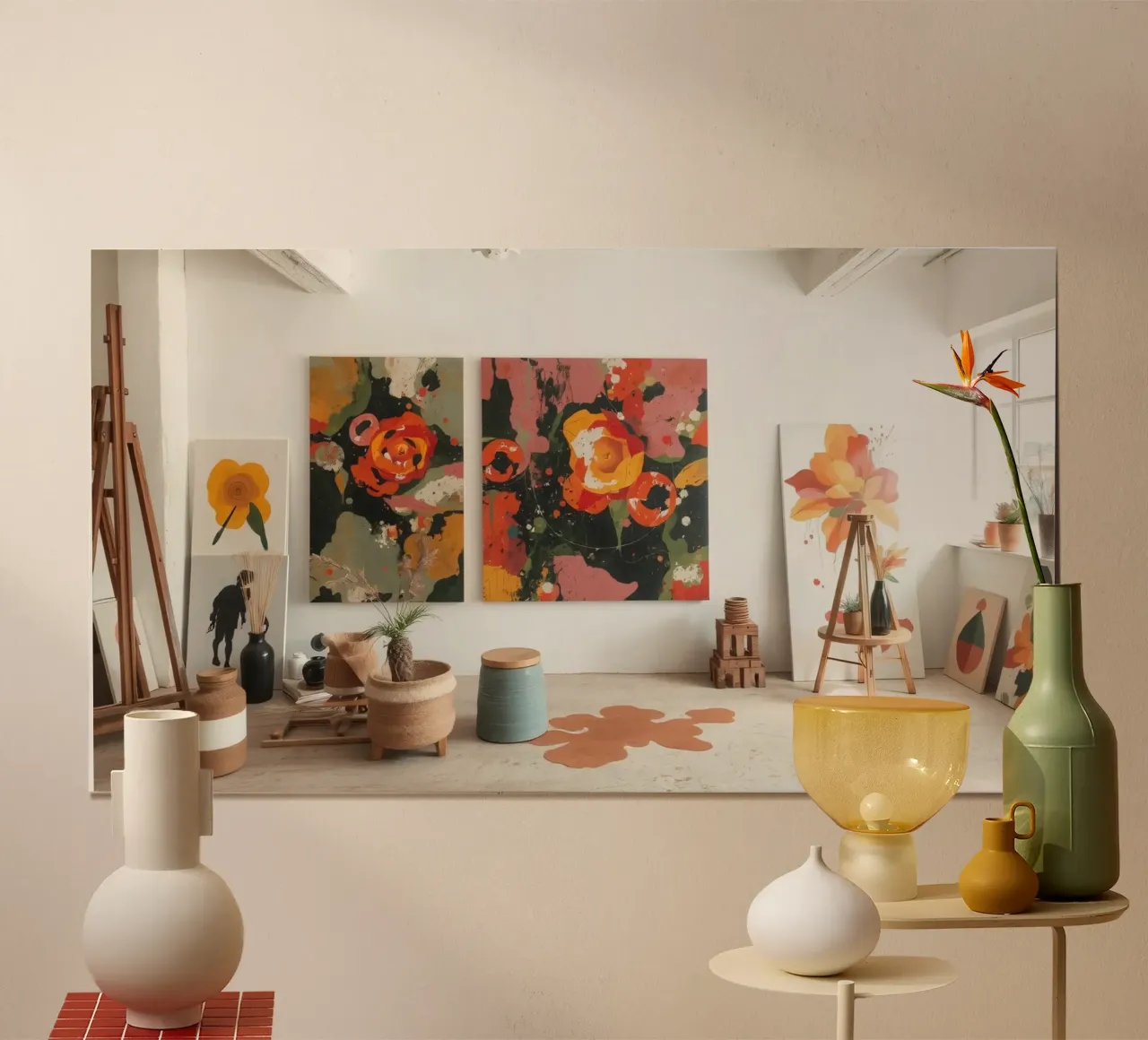 Helles und farbenfrohes Kunstatelier mit Blumengemälden und Cre Poster mit Aluminium Rahmen von DesignDoodle