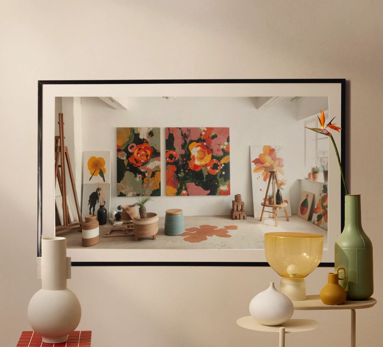 Helles und farbenfrohes Kunstatelier mit Blumengemälden und Cre Poster von DesignDoodle