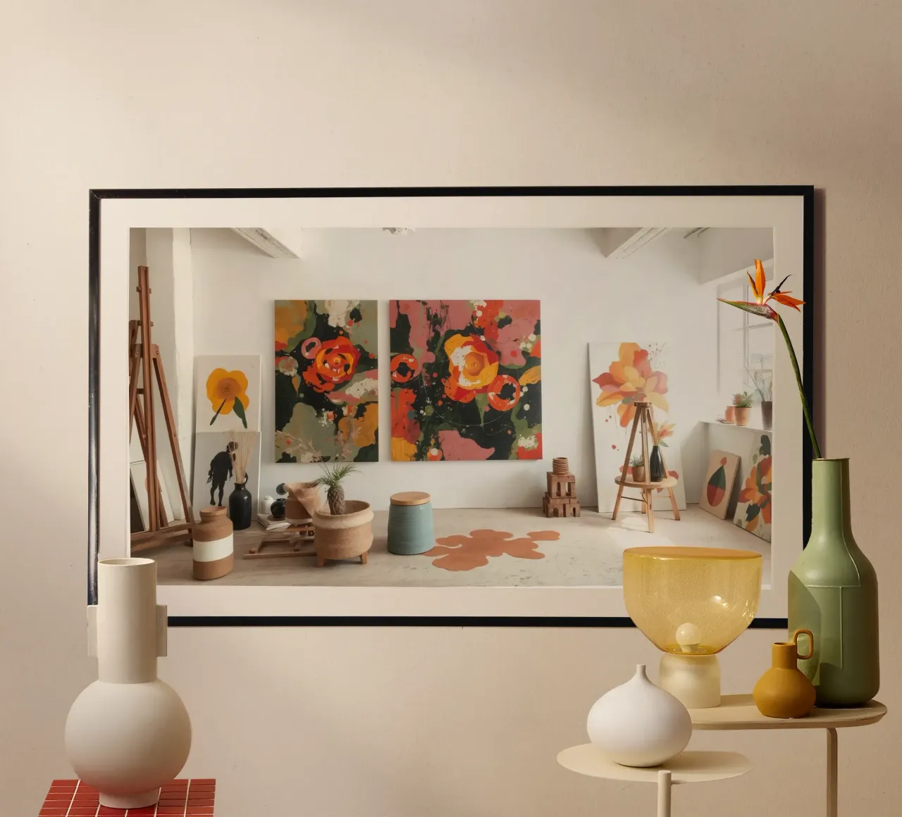Helles und farbenfrohes Kunstatelier mit Blumengemälden und Cre Poster mit Aluminium Rahmen von DesignDoodle
