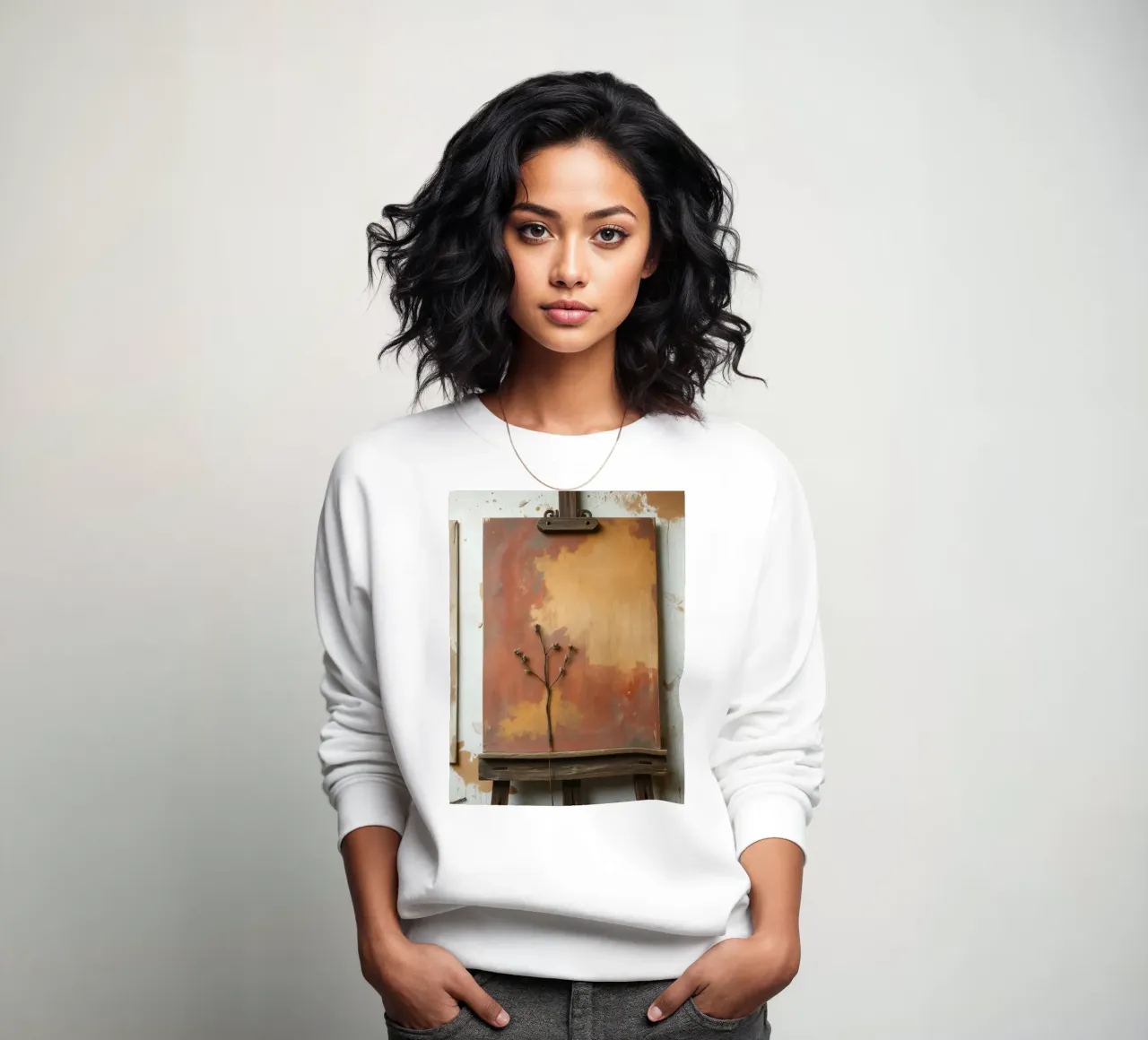 Peintures abstraites d'arbres exposées sur des chevalets dans un atelier d'art sweat de DesignDoodle