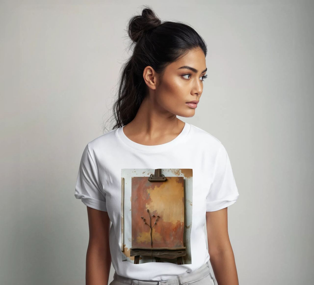 Abstract tree paintings displayed on easels in an art studio t-shirt by DesignDoodle