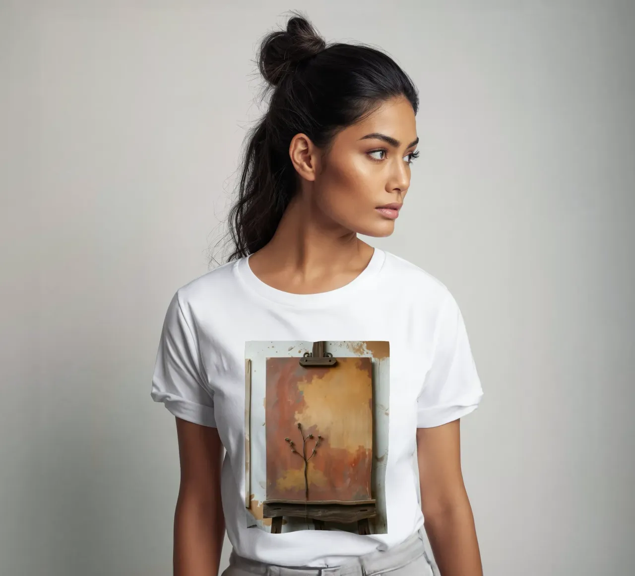 Peintures abstraites d'arbres exposées sur des chevalets dans un atelier d'art t-shirt de DesignDoodle