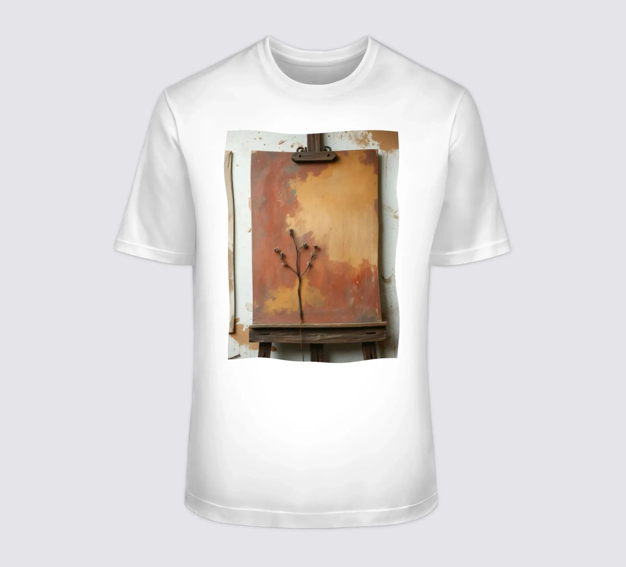 Abstract tree paintings displayed on easels in an art studio t-shirt by DesignDoodle