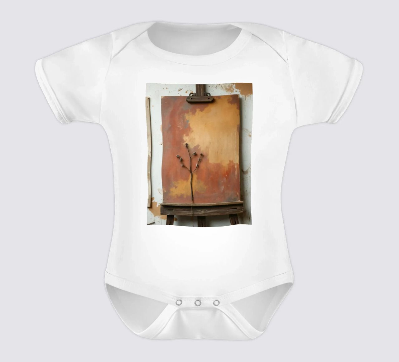 Abstract tree paintings displayed on easels in an art studio short-sleeve baby romper by DesignDoodle
