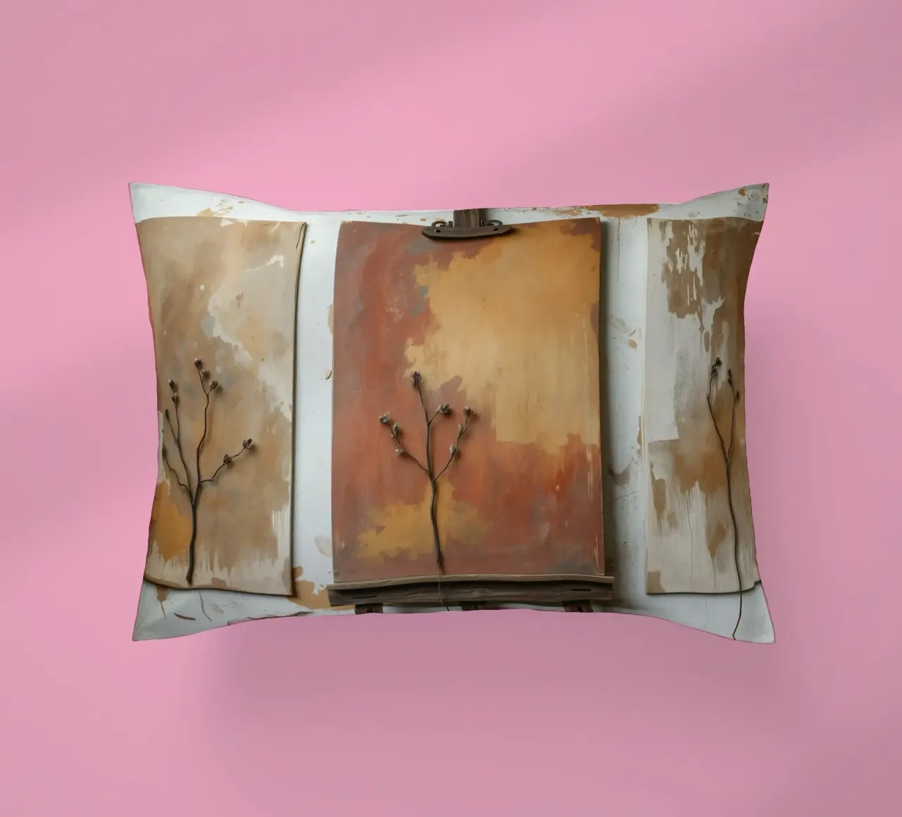 Abstract tree paintings displayed on easels in an art studio decorative cushion by DesignDoodle