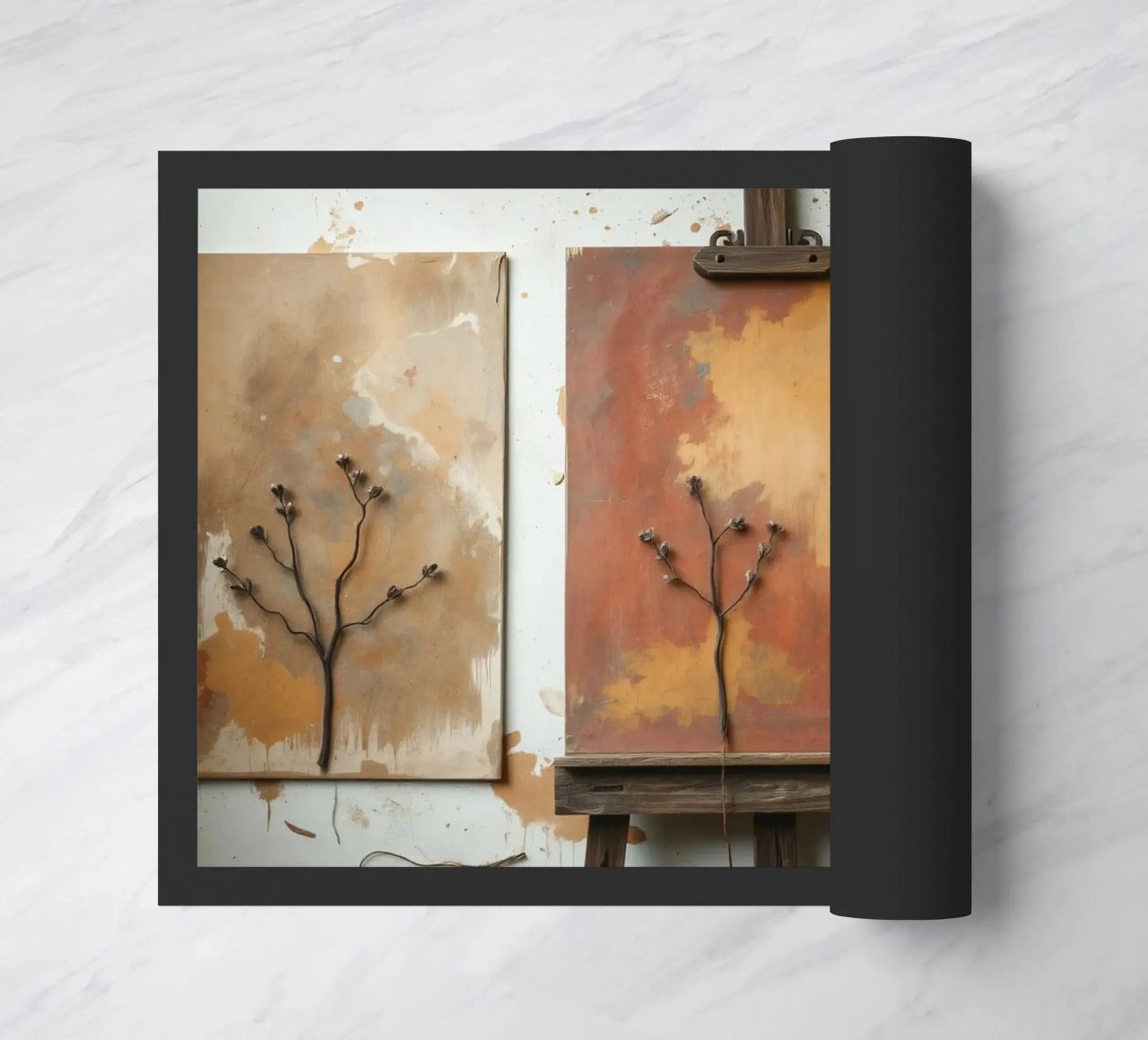 Abstract tree paintings displayed on easels in an art studio doormat by DesignDoodle