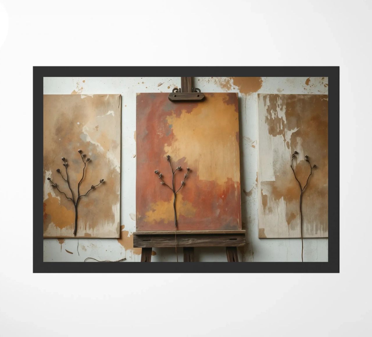 Abstract tree paintings displayed on easels in an art studio doormat by DesignDoodle