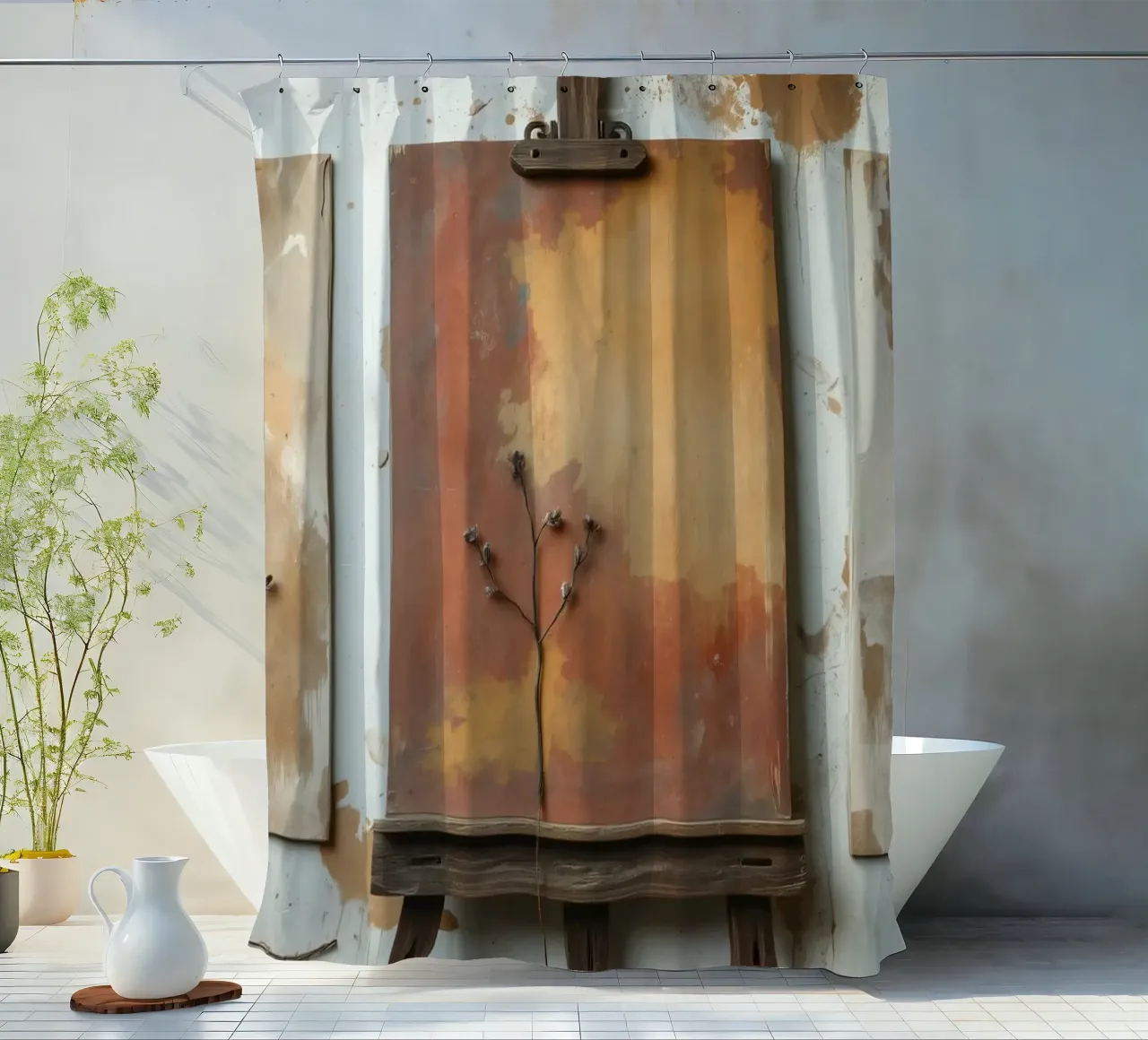 Abstract tree paintings displayed on easels in an art studio shower curtain by DesignDoodle