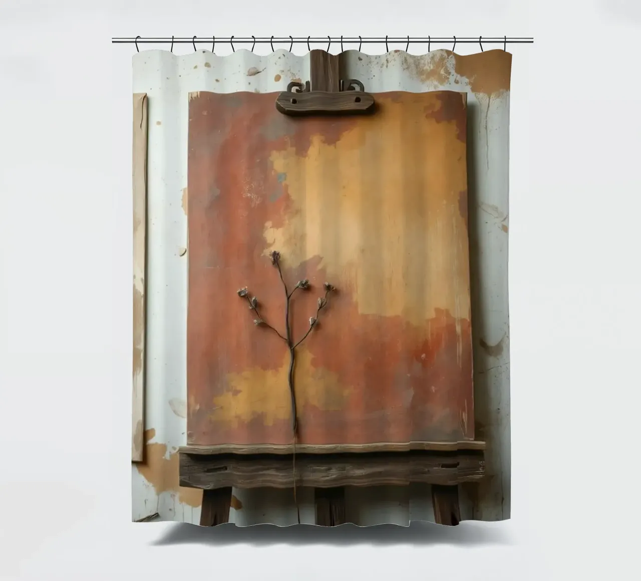 Abstract tree paintings displayed on easels in an art studio shower curtain by DesignDoodle