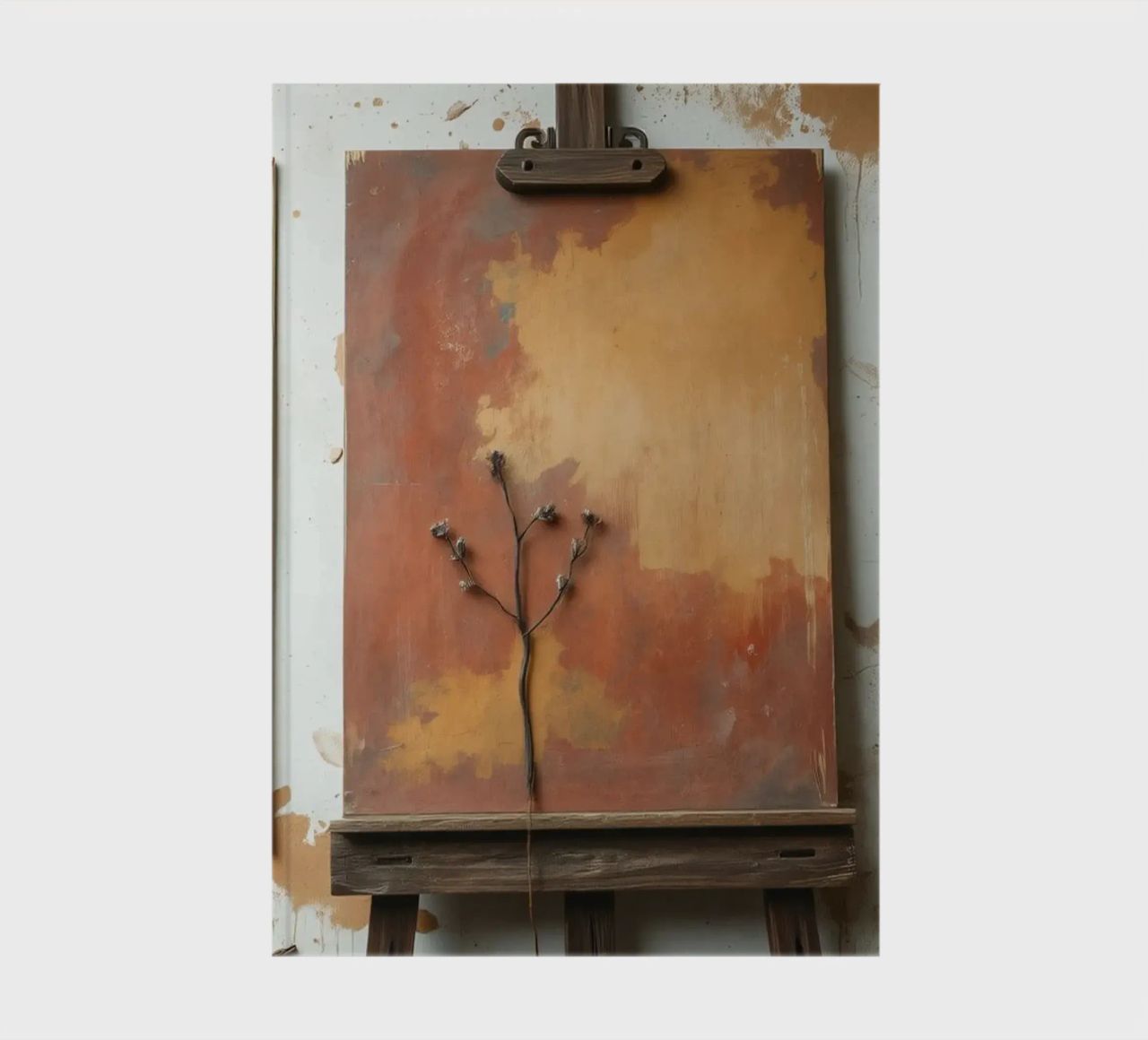 Abstract tree paintings displayed on easels in an art studio notebook by DesignDoodle