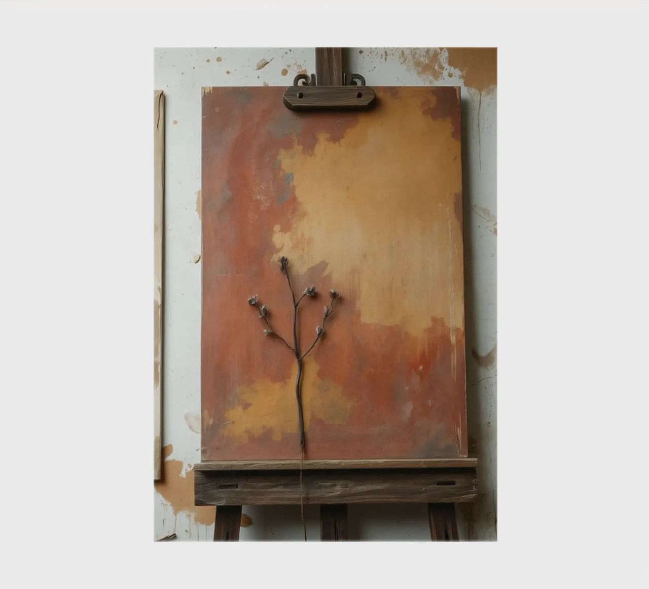 Abstract tree paintings displayed on easels in an art studio notebook by DesignDoodle