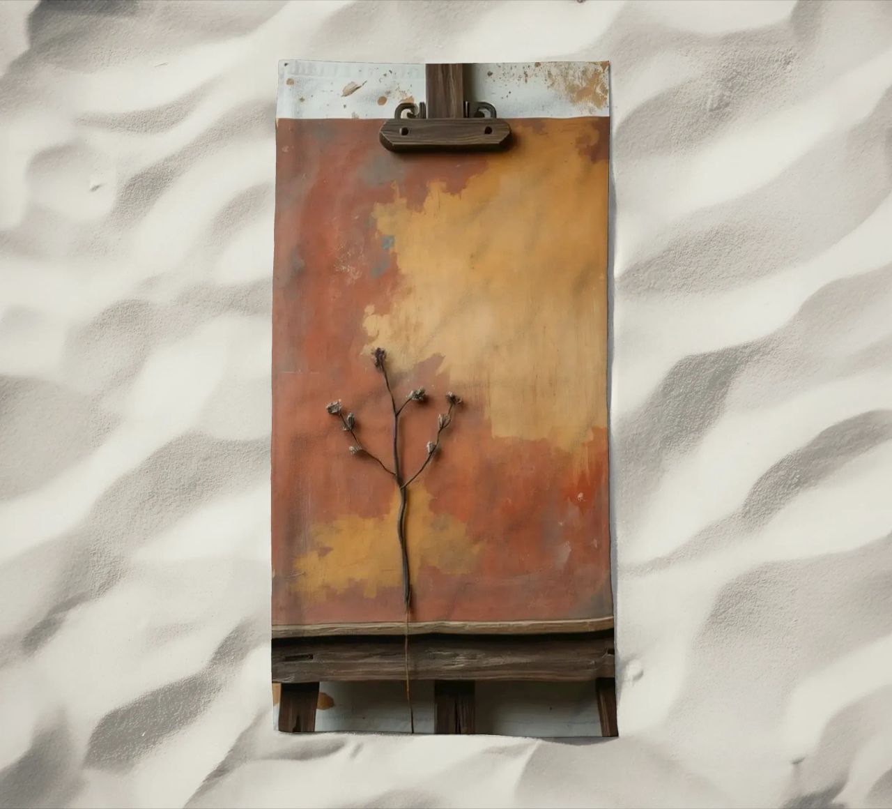 Abstract tree paintings displayed on easels in an art studio beach towel by DesignDoodle