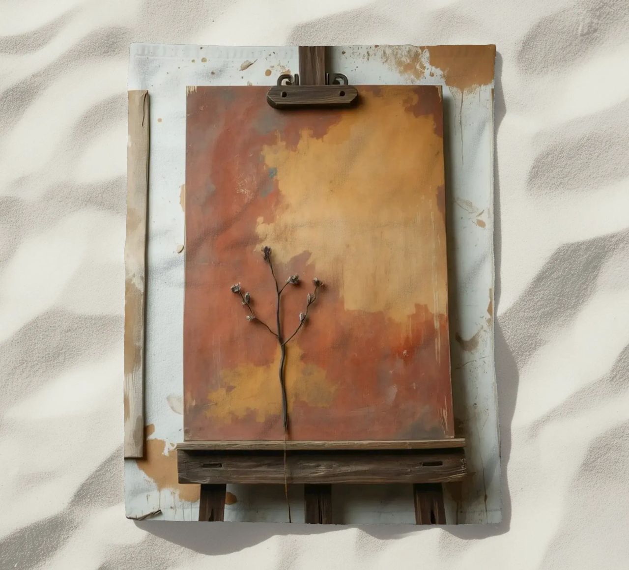 Abstract tree paintings displayed on easels in an art studio beach towel by DesignDoodle