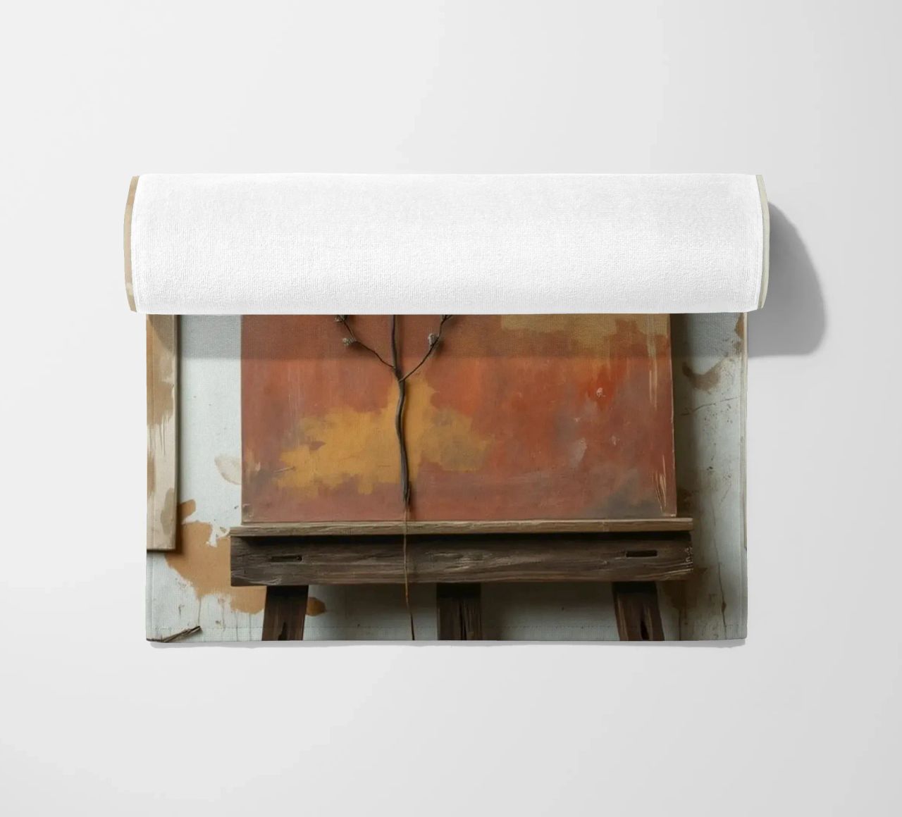 Abstract tree paintings displayed on easels in an art studio beach towel by DesignDoodle