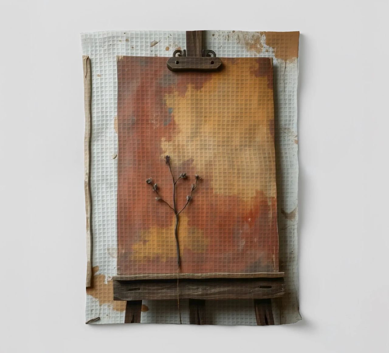 Abstract tree paintings displayed on easels in an art studio tea towel by DesignDoodle