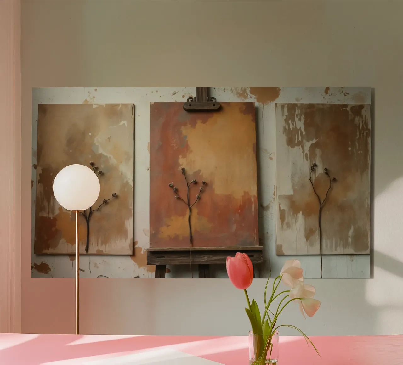 Abstract tree paintings displayed on easels in an art studio alu-dibond by DesignDoodle
