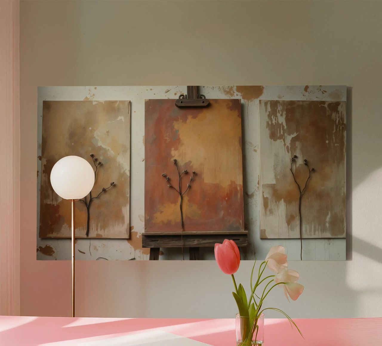Abstract tree paintings displayed on easels in an art studio canvas by DesignDoodle