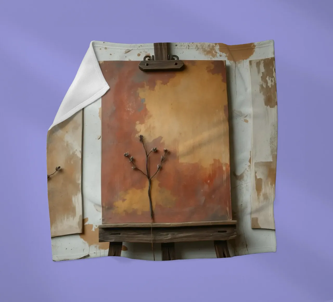 Peintures abstraites d'arbres exposées sur des chevalets dans un atelier d'art plaid polaire de DesignDoodle
