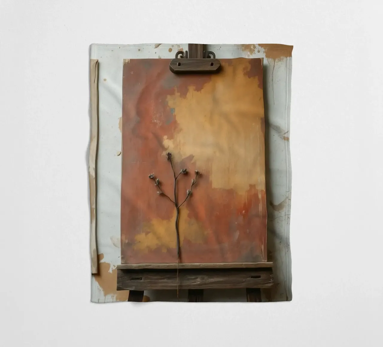 Peintures abstraites d'arbres exposées sur des chevalets dans un atelier d'art plaid polaire de DesignDoodle