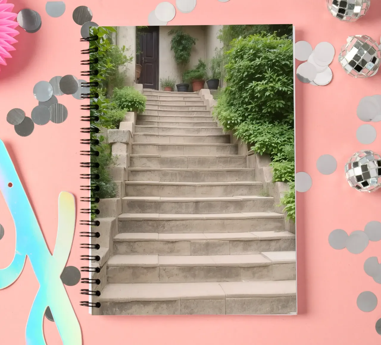 Stone steps lead to an inviting entrance surrounded by lush spiral notebook by DesignDoodle