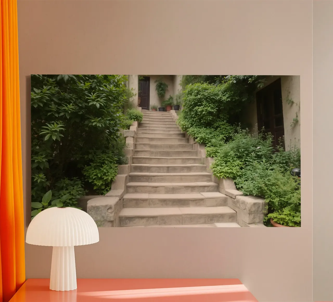 I gradini in pietra conducono a un invitante ingresso circondato da una rigogliosa vegetazione. tela con Cornice a cassetta da DesignDoodle