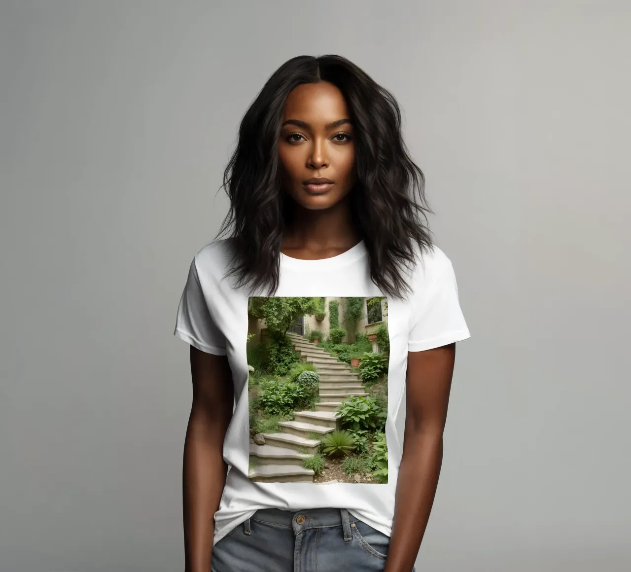 Una lussureggiante scala da giardino conduce a un sereno spazio esterno t-shirt da donna da DesignDoodle