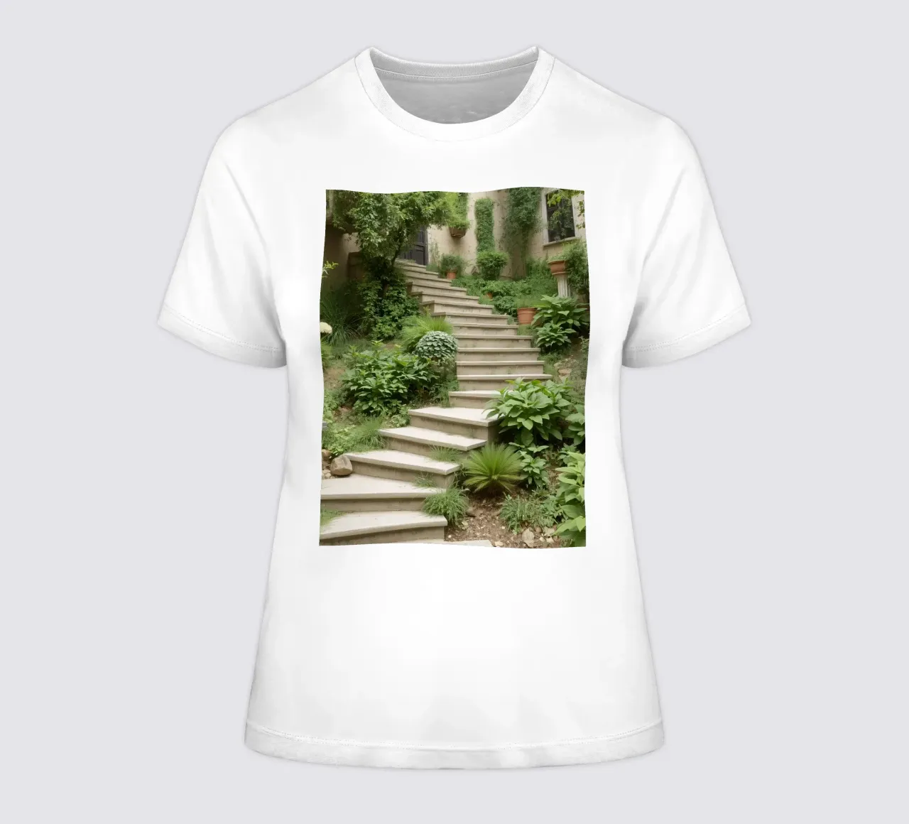 Una lussureggiante scala da giardino conduce a un sereno spazio esterno t-shirt da donna da DesignDoodle
