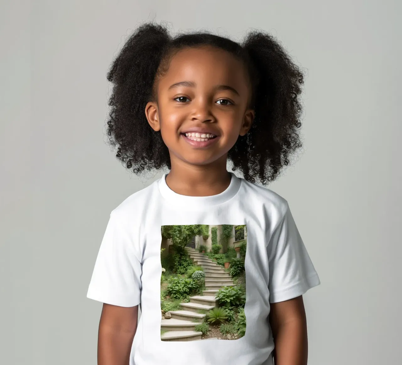 Una lussureggiante scala da giardino conduce a un sereno spazio esterno t-shirt bambini da DesignDoodle