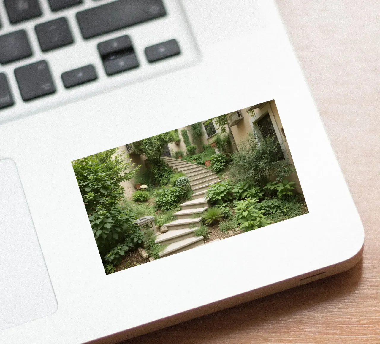 Una lussureggiante scala da giardino conduce a un sereno spazio esterno adesivo da DesignDoodle