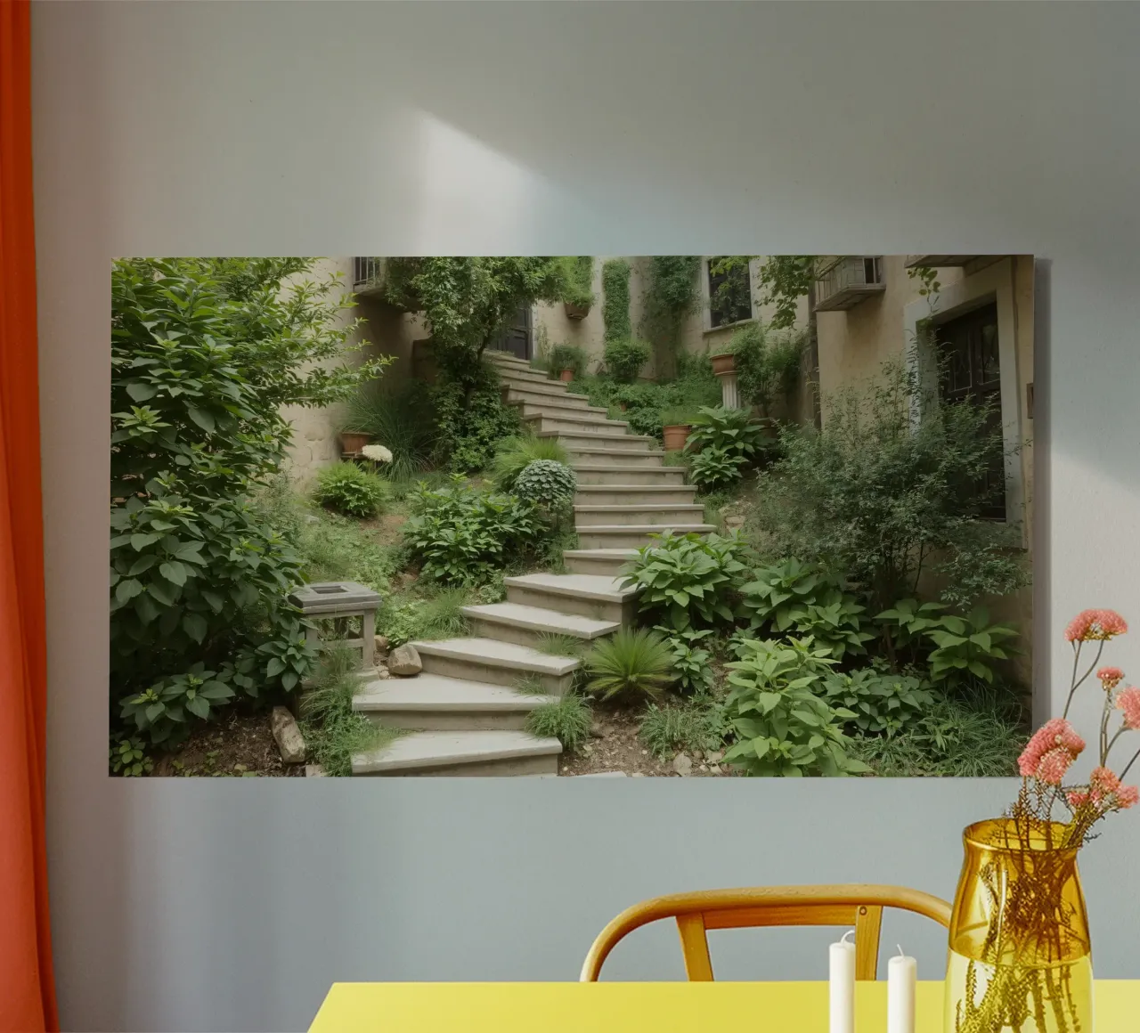 Una lussureggiante scala da giardino conduce a un sereno spazio esterno tela da DesignDoodle