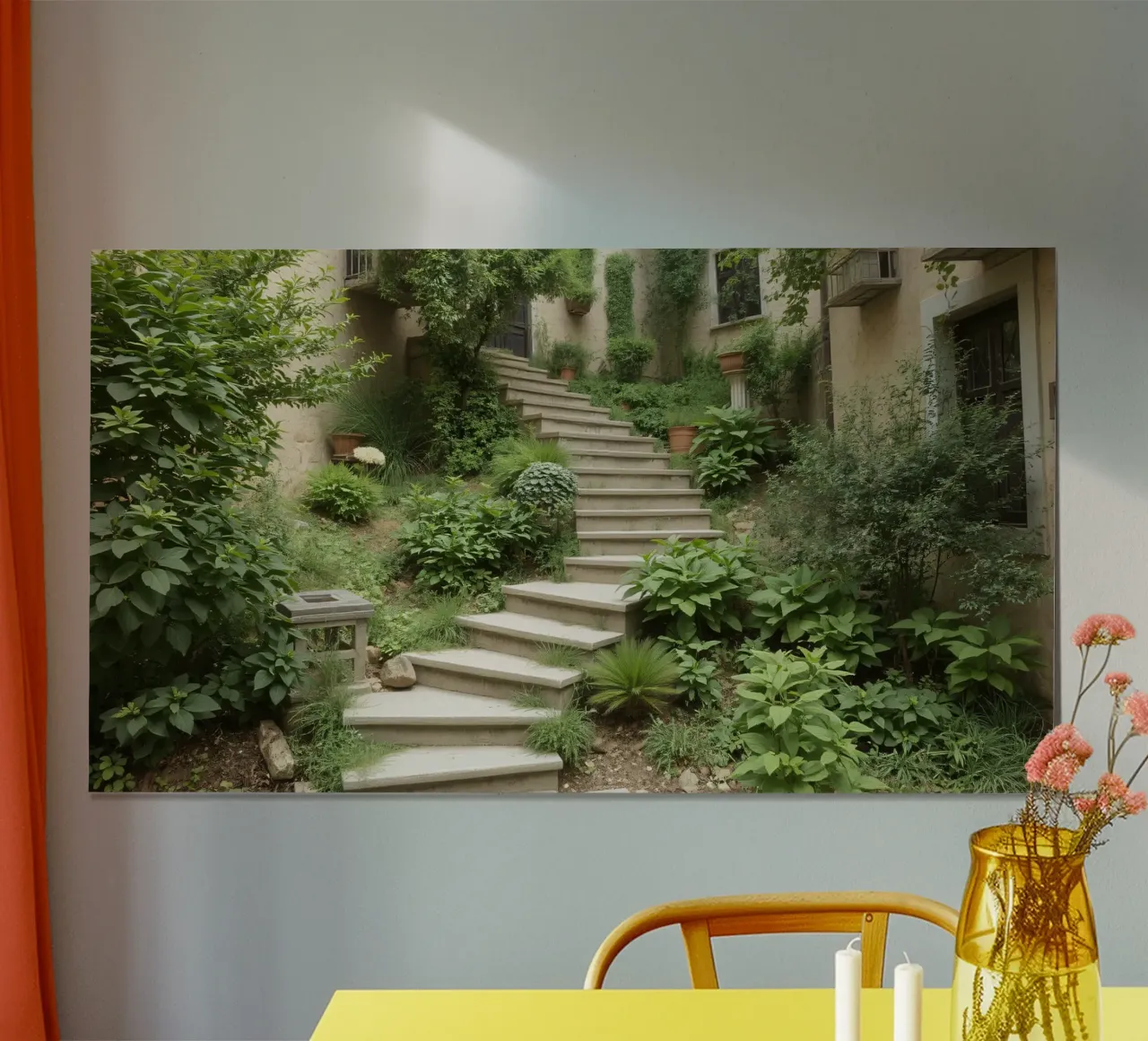 Una lussureggiante scala da giardino conduce a un sereno spazio esterno carta hahnemühle da DesignDoodle