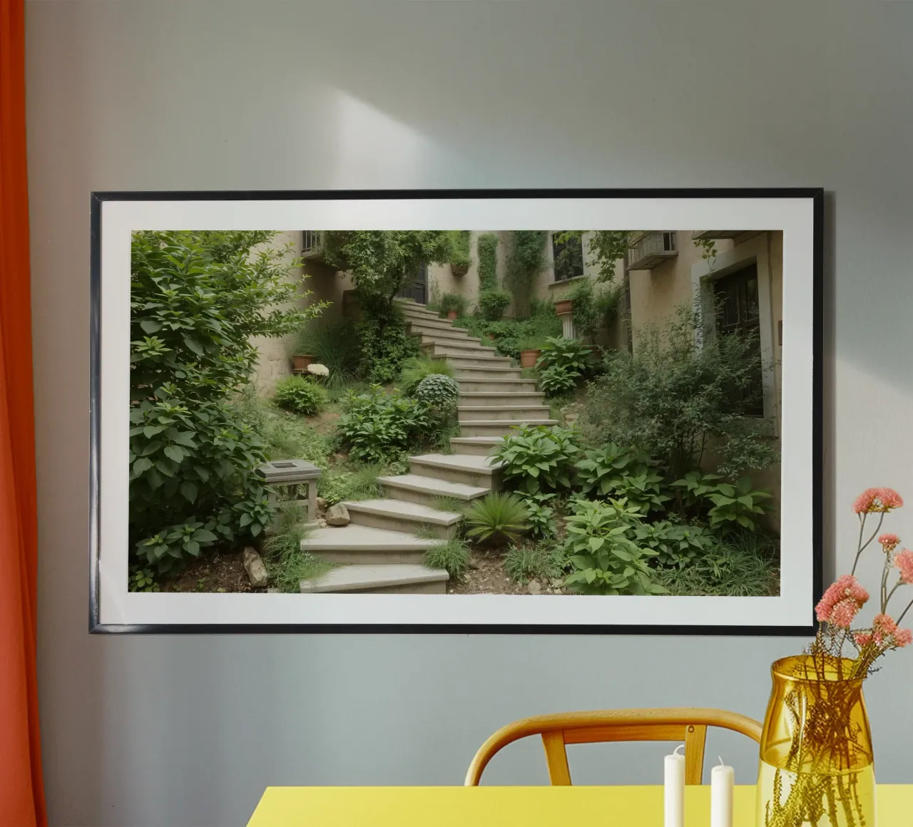 Una lussureggiante scala da giardino conduce a un sereno spazio esterno carta hahnemühle da DesignDoodle