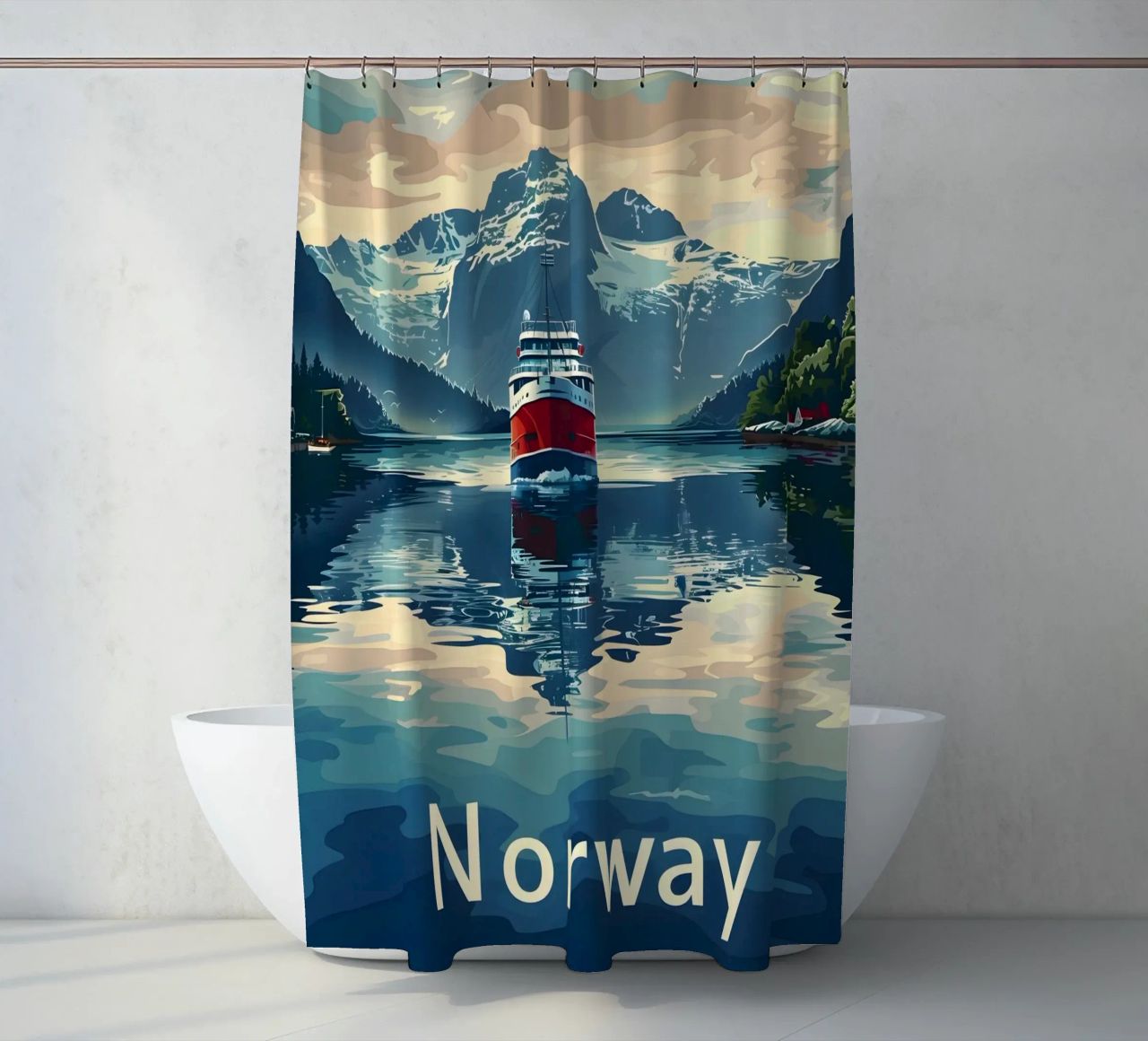 Norwegen Fjord Reiseposter Duschvorhang von Vintage Travel Art