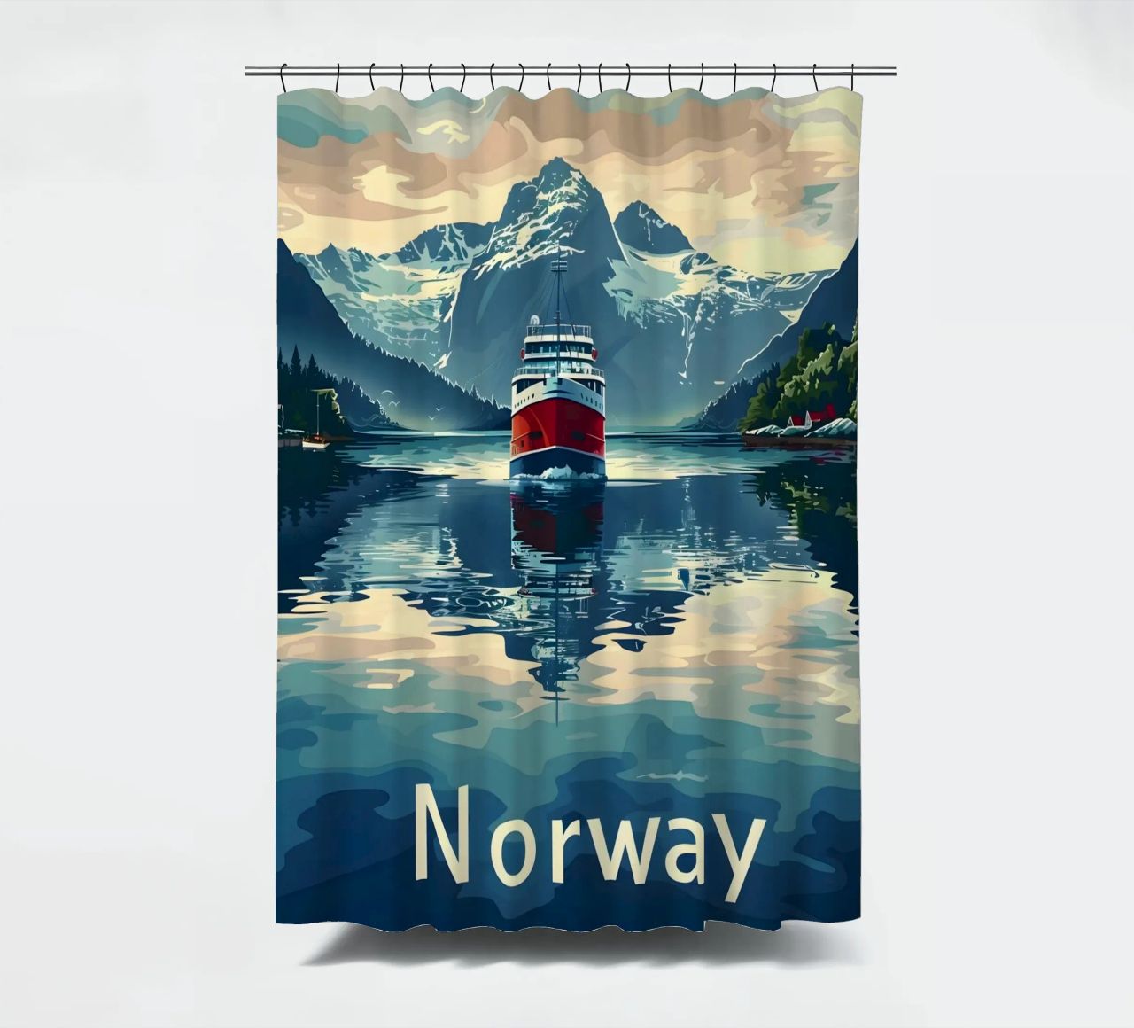 Norwegen Fjord Reiseposter Duschvorhang von Vintage Travel Art