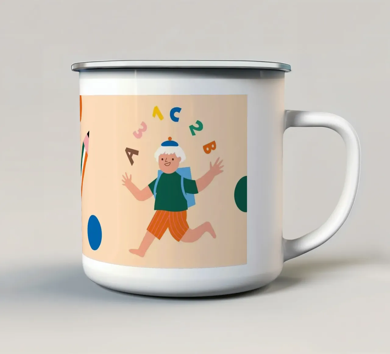 Evviva lo scolaro! (beige) tazza in smalto da Susann Stefanizen