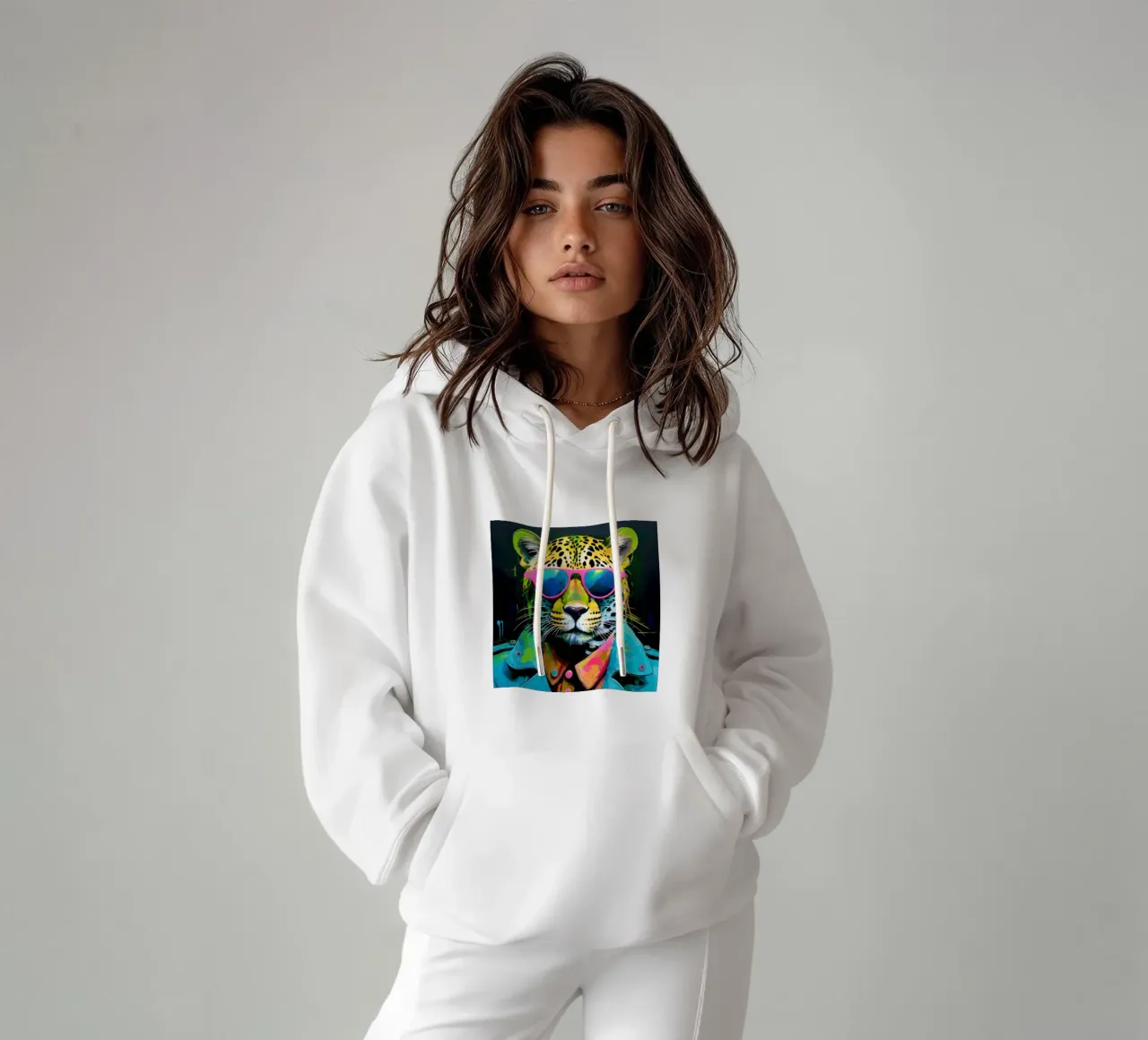 Leopard Pop Art con occhiali da sole in colori neon felpa con cappuccio da Take Your Art BV